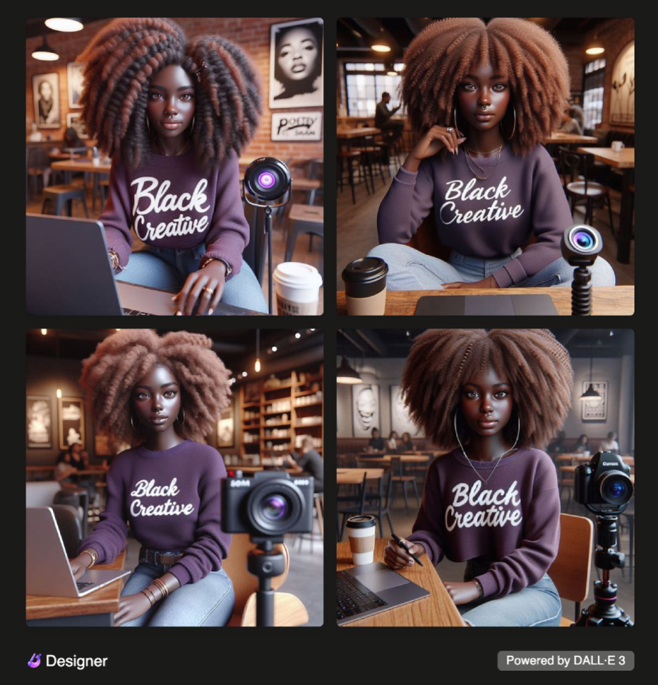 A photorealistic image of a black girl with a detailed face. She has kinky honey-brown hair and sits in front of a laptop and ring camera creating content. Made using bing