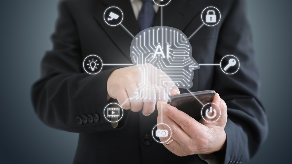 Man touching phone and showing different ai connections. Ai ethics and society