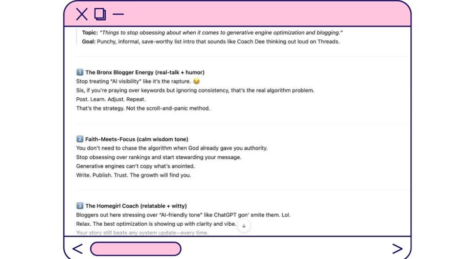 Example of AI-generated content results from the Threads prompt inside the Pixistock Content Playbook, customized for my business.