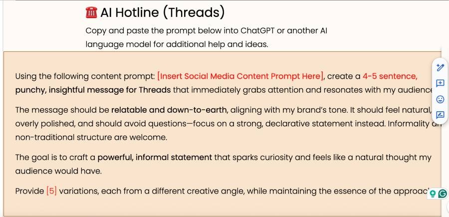 A peek into the AI-hotline Threads prompt from Pixistock content playbook