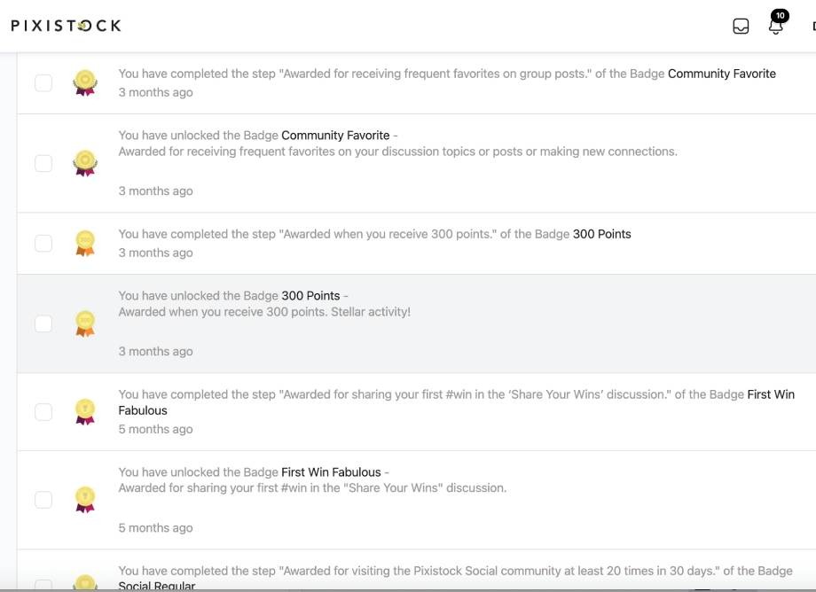 Screenshot of Pixistock community badges earned through the Content Playbook reward system, showing progress and engagement.