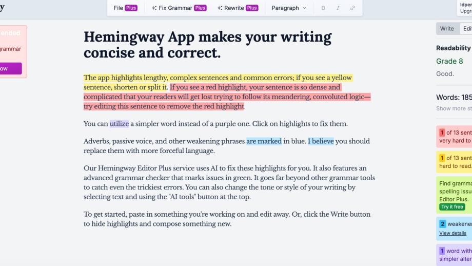 Hemingway Editor dashboard for writers and content creation management