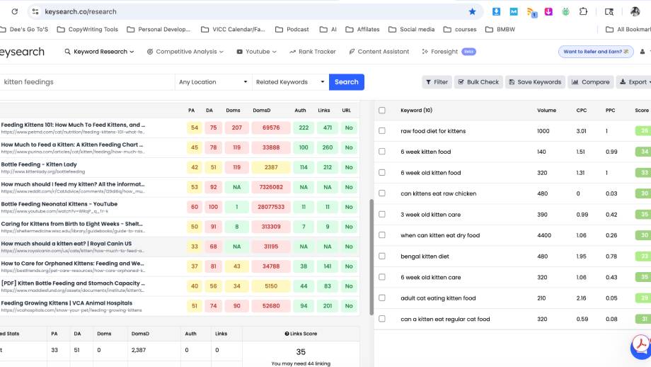 Keysearch.co dashboard of how a blogger can use this to creat content and manage topics
