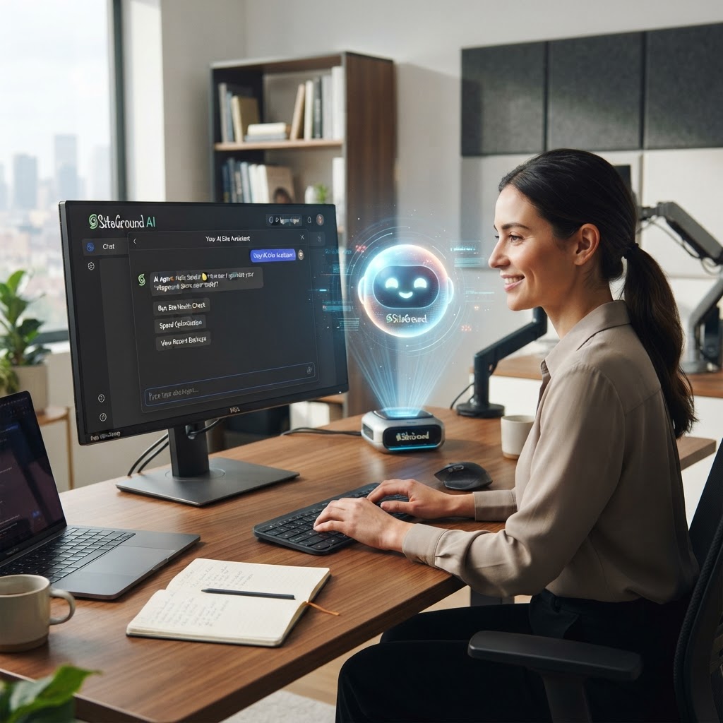 A professional and modern digital workspace featuring a sleek, futuristic AI assistant interface,using SiteGround AI agent helper.